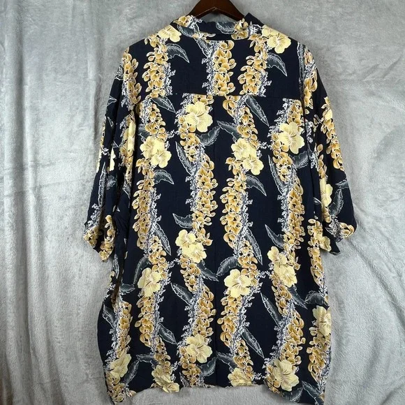 Hawaiian Hibiscus Lei Floral Shirt Mens 4XL Button Navy Yellow Resort Casual - Picture 4 of 7
